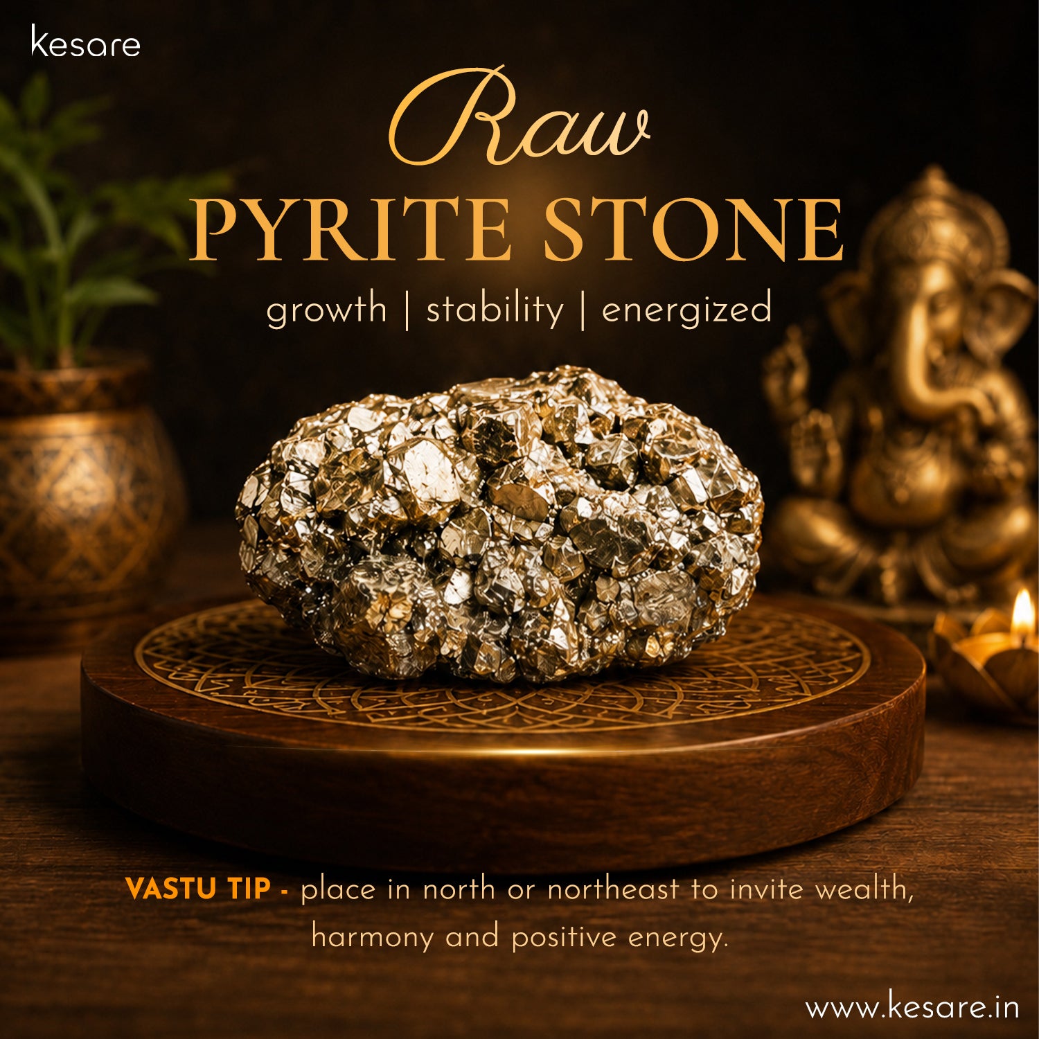 Raw pyrite stone on a wooden platform with decorative elements and text about its properties and usage.