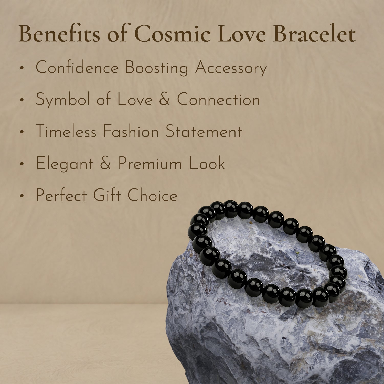 Black beaded bracelet on a rock with text listing benefits of Cosmic Love Bracelet.