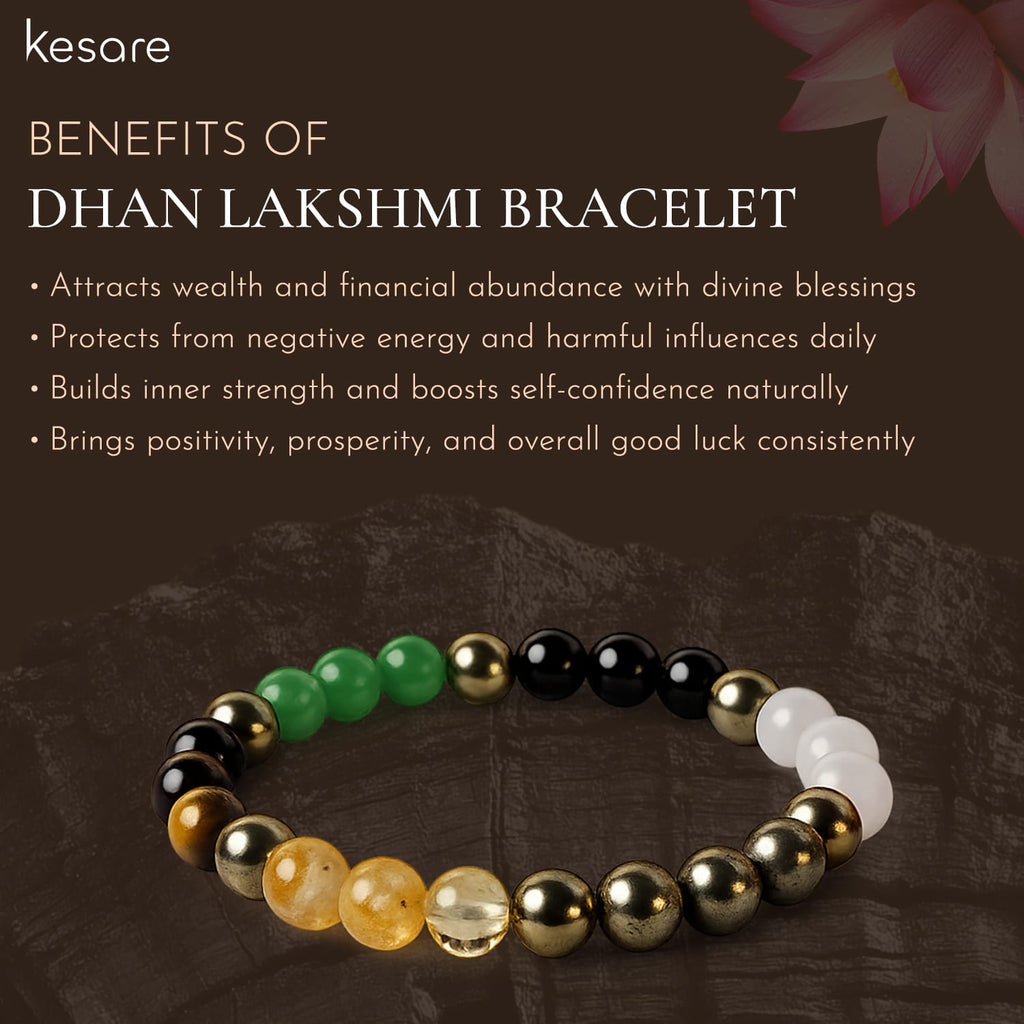 Dhan Lakshmi bracelet with colored beads on a dark background, featuring text about its benefits.