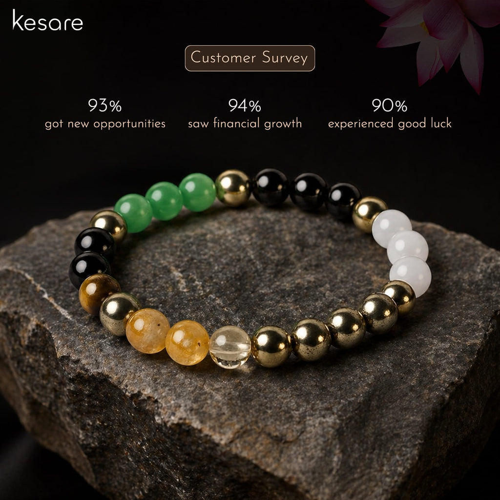 Beaded bracelet with multicolored beads on a dark stone surface, featuring kesare branding.