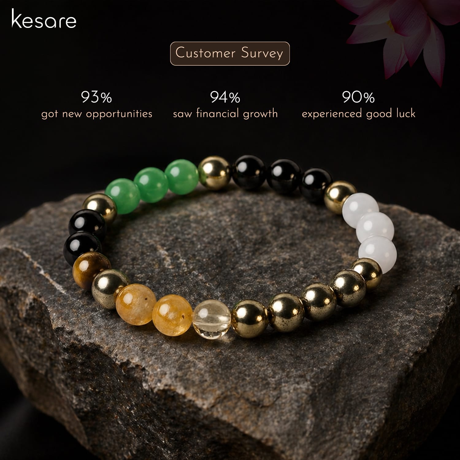 Beaded bracelet with multicolored beads on a dark stone surface, featuring kesare branding.